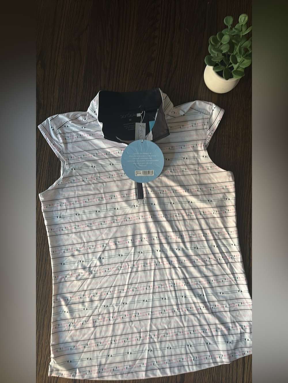 Women's Sleeveless Stripe Polo Tank Top - White with Navy Trim